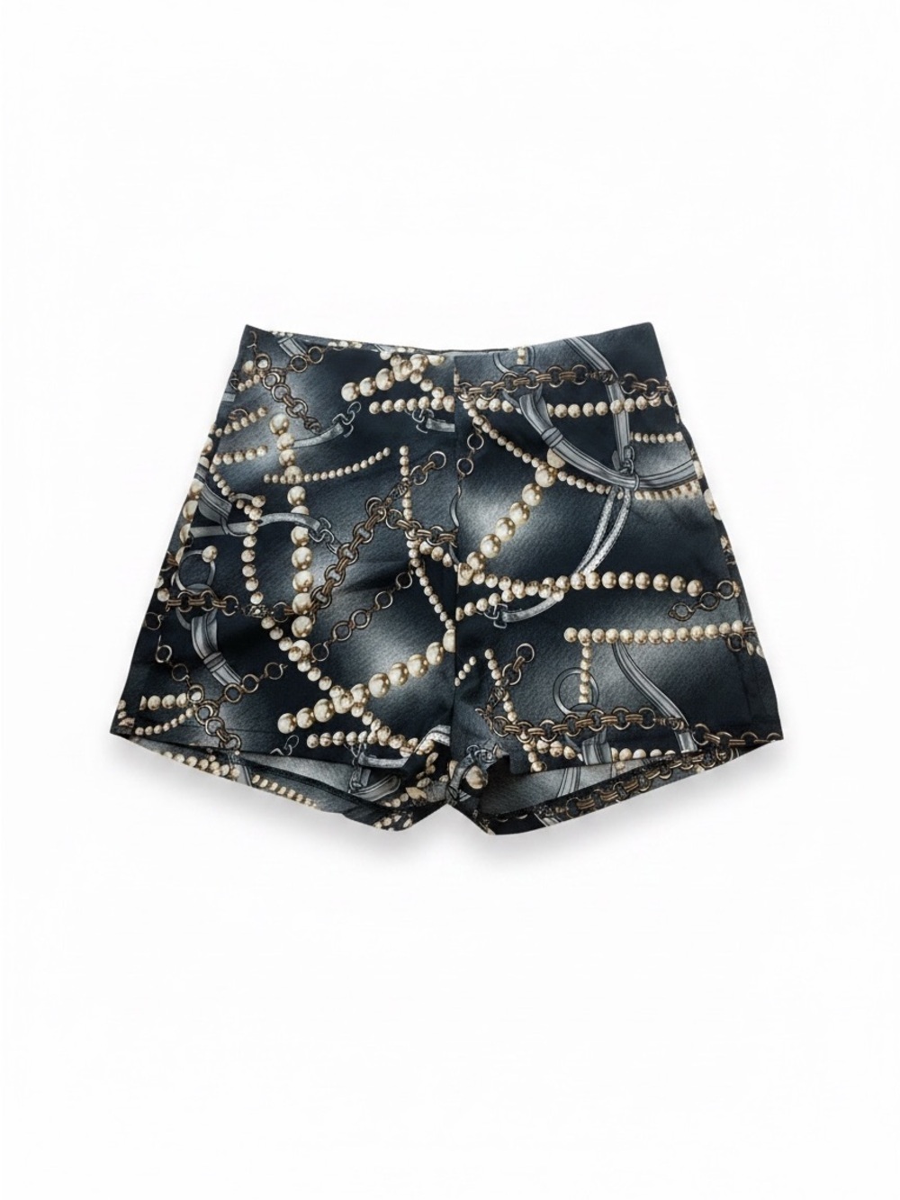 Audrey 3+1 High-Waist Pearl & Chain Print Shorts Black Side Zipper, Lightweight